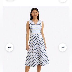 Draper James Blue and White Striped V-Neck Midi Dress